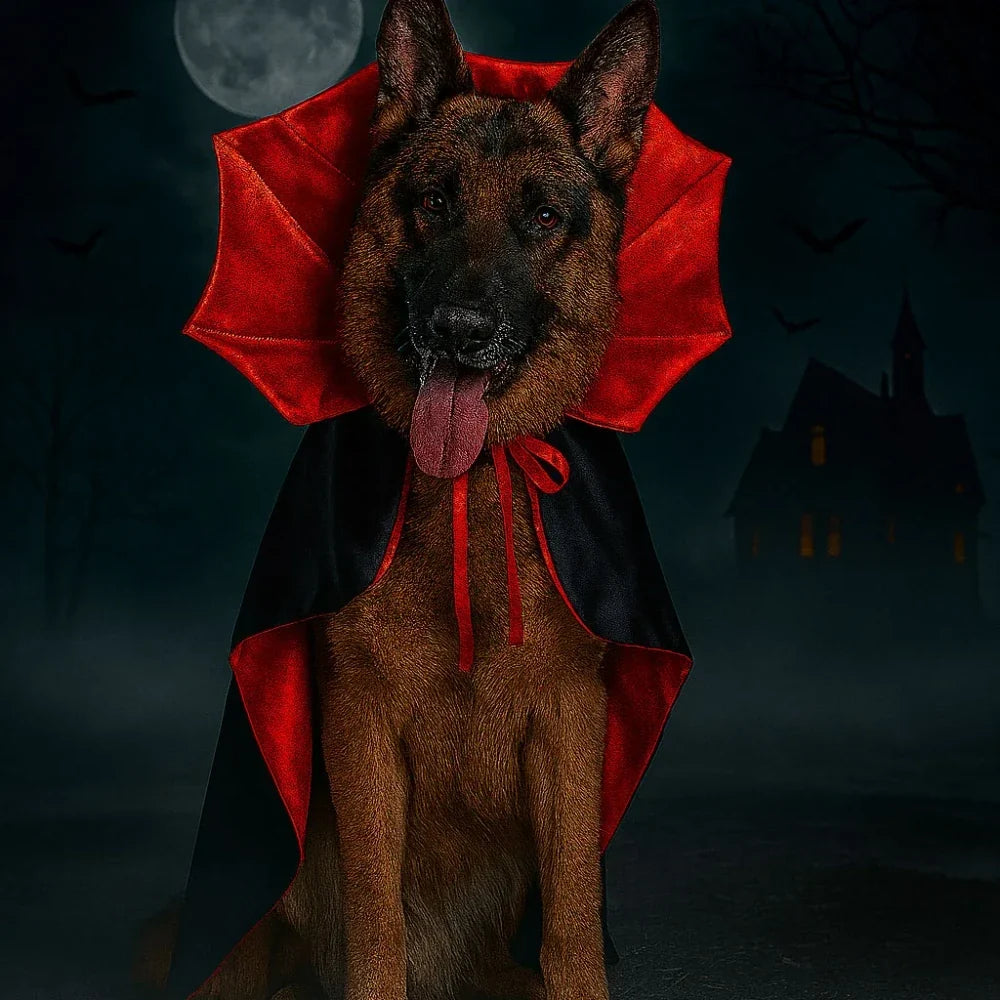 Chien calme portant une cape de vampire pour Halloween