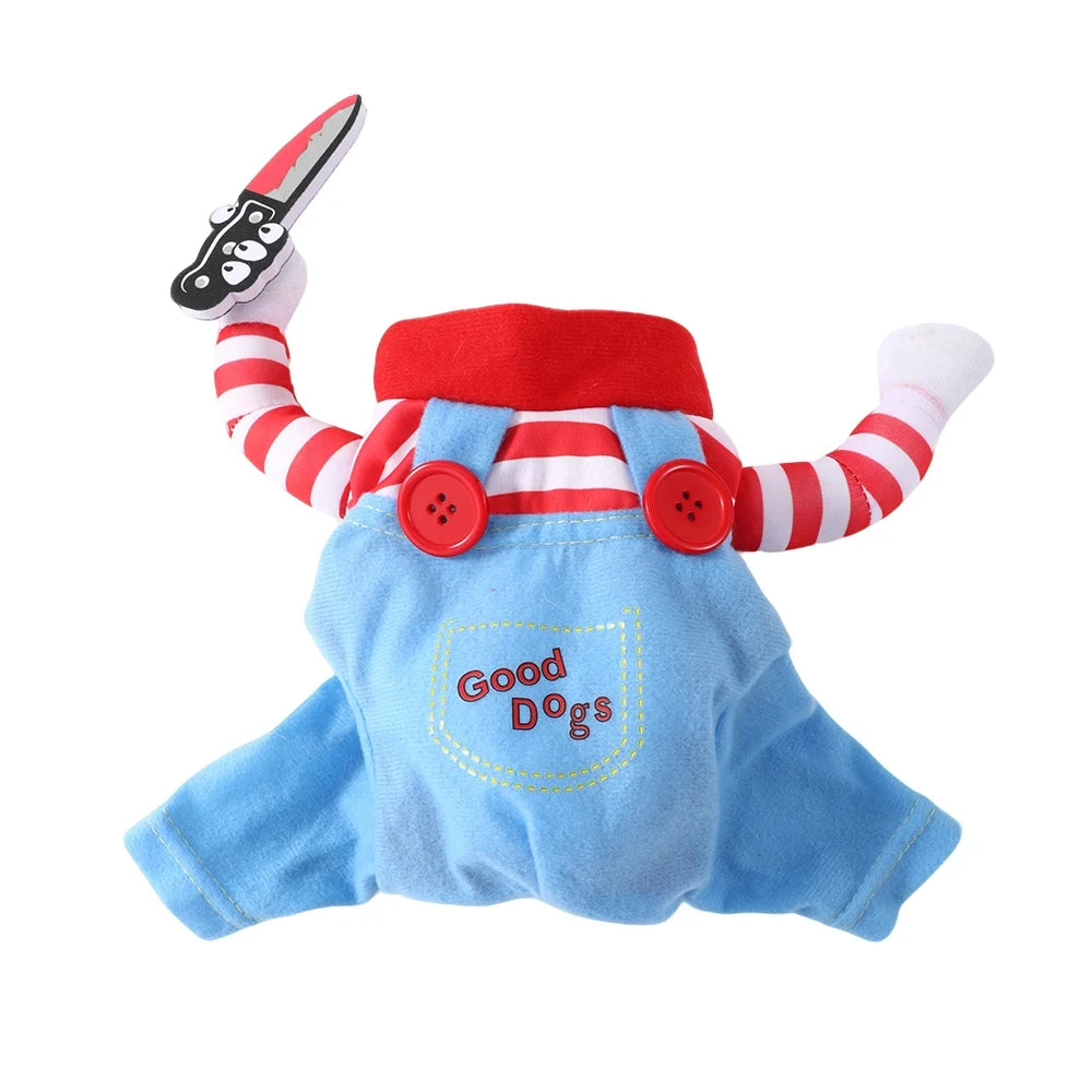 Costume Halloween pour chien, look poupée maléfique, chien assis
